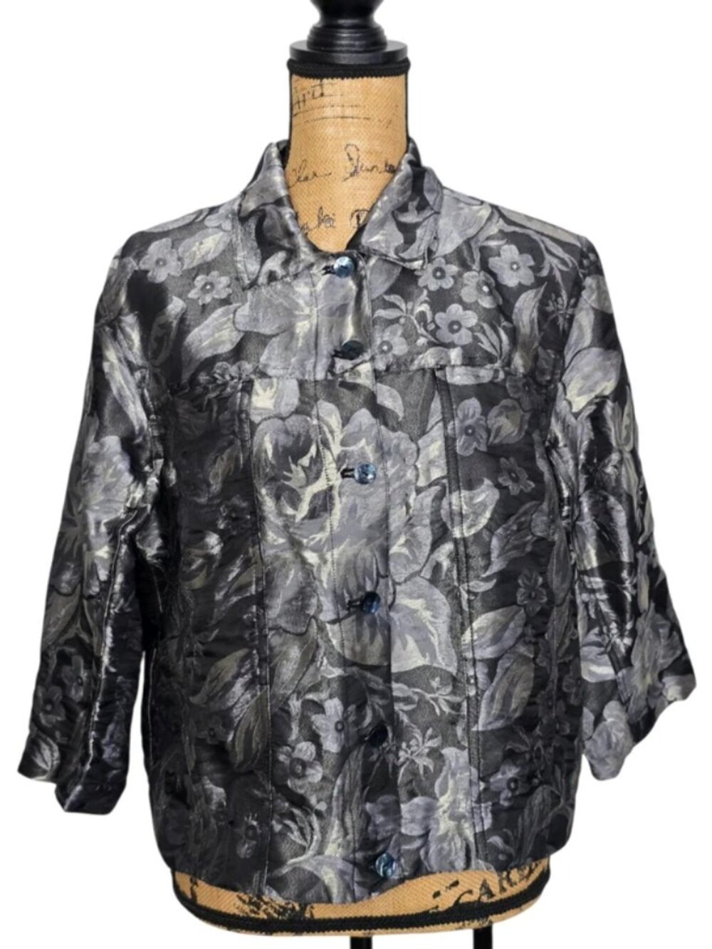 Chico's Women's Metallic Floral Silk Bend Jacquard Jacket Silver & Black Size 2
